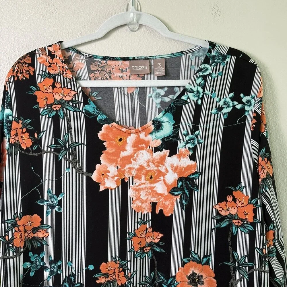 Chicos Top Womens 3 US XL Orange Blue Floral Striped 3/4 Sleeve V Neck Blouse